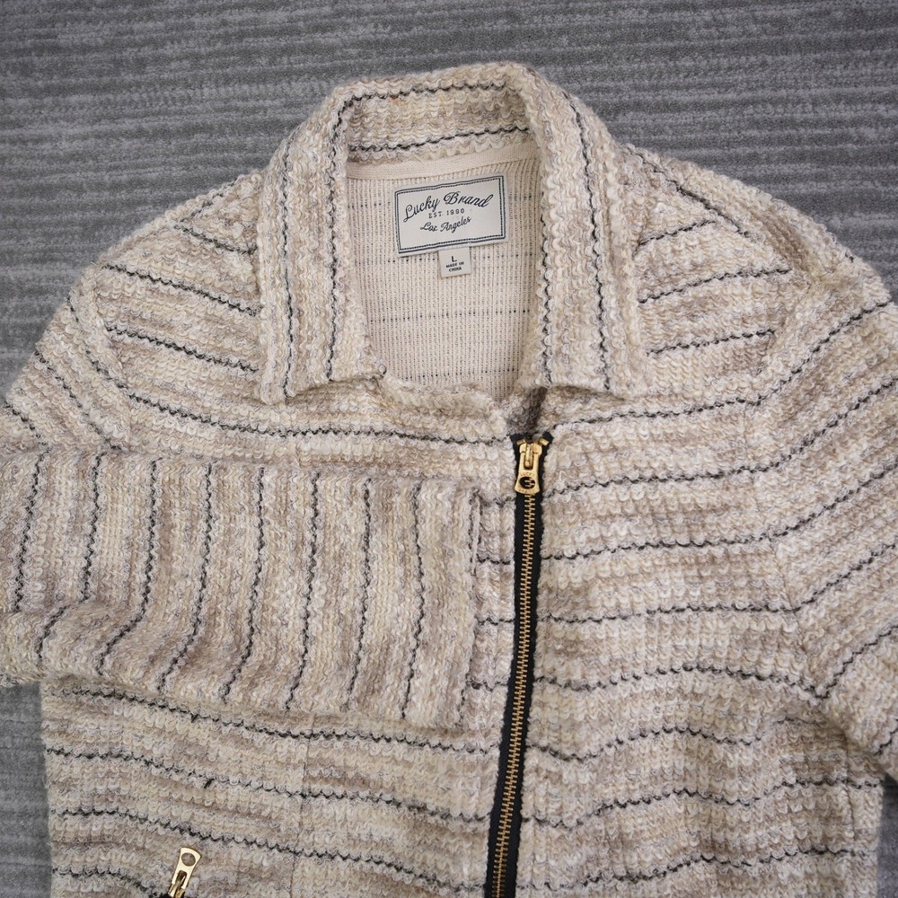 Lucky Brand Womens Cream Beige Striped Textured Knit Moto Jacket Size L Large - Picture 1 of 9